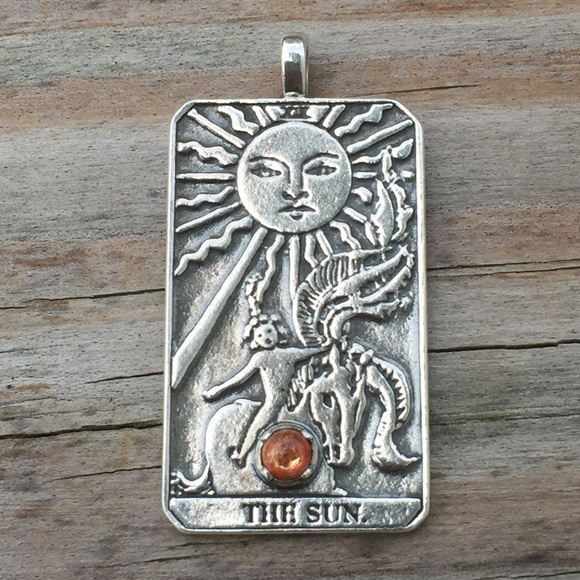 Sun Tarot Card Pendant .925 Sterling Silver w/ genuine Sunstone gem Made in USA - Picture 4 of 16